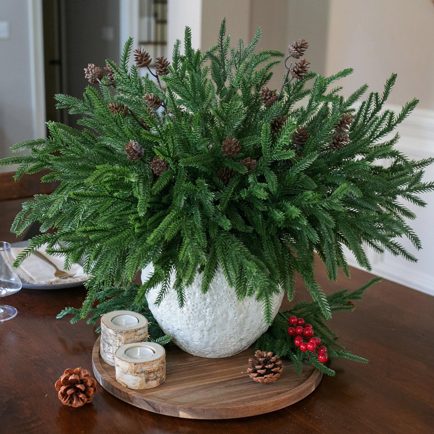 Artificial Christmas Norfolk Pine Stems Branches for Vases,12 Bundles Fake Pine Stems with 2 PCS Small Pinecones Branches Faux Evergreen Real Touch Greenery for Xmas Holiday Winter Table Indoor Decor