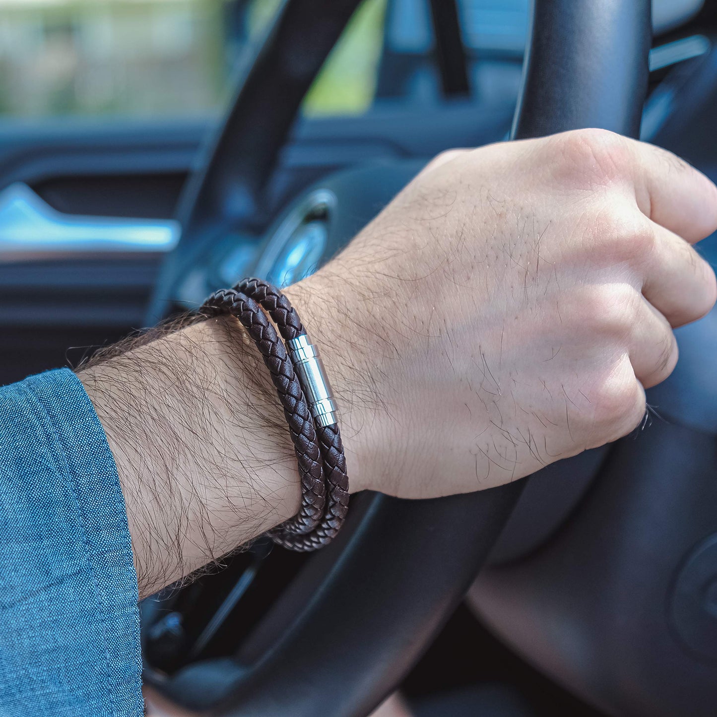 Globi Leather Bracelet For Men | Genuine Wrap Braided Leather Cuff Bangle Bracelet with Magnetic Stainless Steel Clasp For Men/Women (Brown 7”)