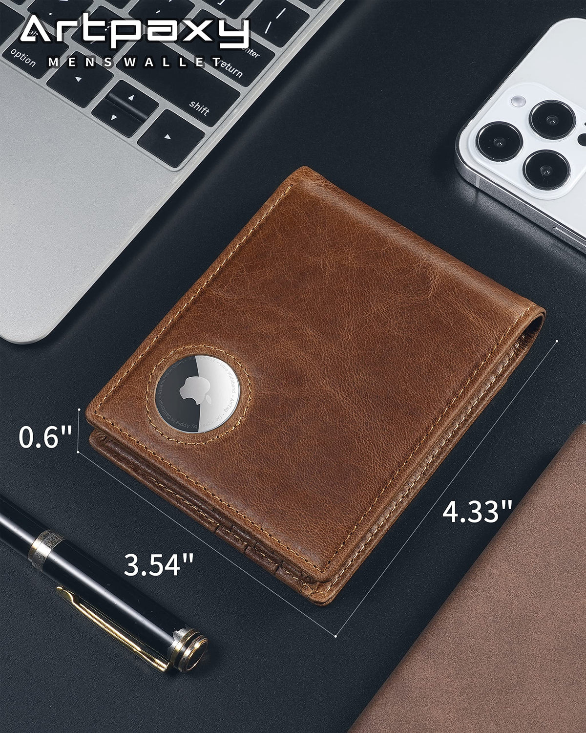 Mens Wallet With AirTag Holder, Bifold Leather RFID Blocking 1 ID Windows 13 Card Holders, Gift Box and Screen Protector Included, AirTag Not Included