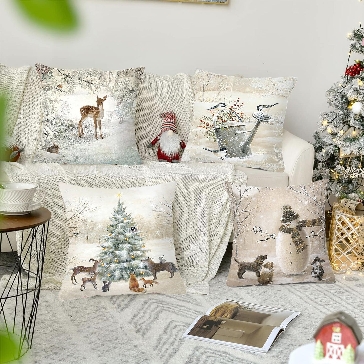 Animals Throw Pillow Cover Christmas - 18 x 18 Inch Pet Snowman Vase Deer Dog Rabbit Bird Xmas Tree Pillow Case - Set of 4 Square Winter Snowfield Pillowslip, Great for Sofa, Patio, bedroom Decor