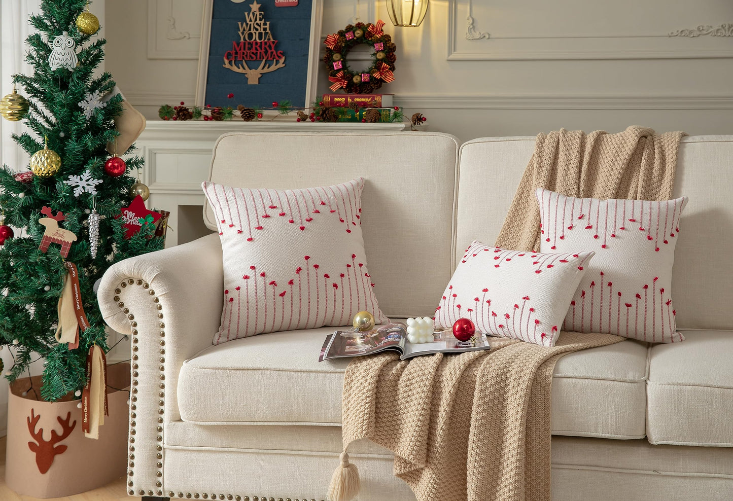 Caflife Boho Christmas Throw Pillow Covers 18x18 Set of 2, Christmas Decorations Pillow Covers Beige with Red Line for Modern Farmhouse Couch Sofa Bedroom Living Room Outdoor