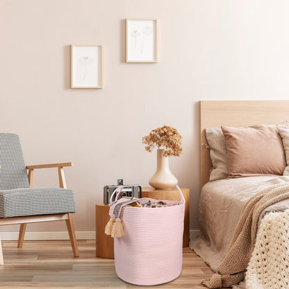 XUANGUO Cotton Rope Laundry Basket Hamper for Girls Kids Baby Nursery Hamper Bin Woven Storage Basket for Living Room Girls room Boho Tall Rope Baskets for Blanket Toys Large light pink