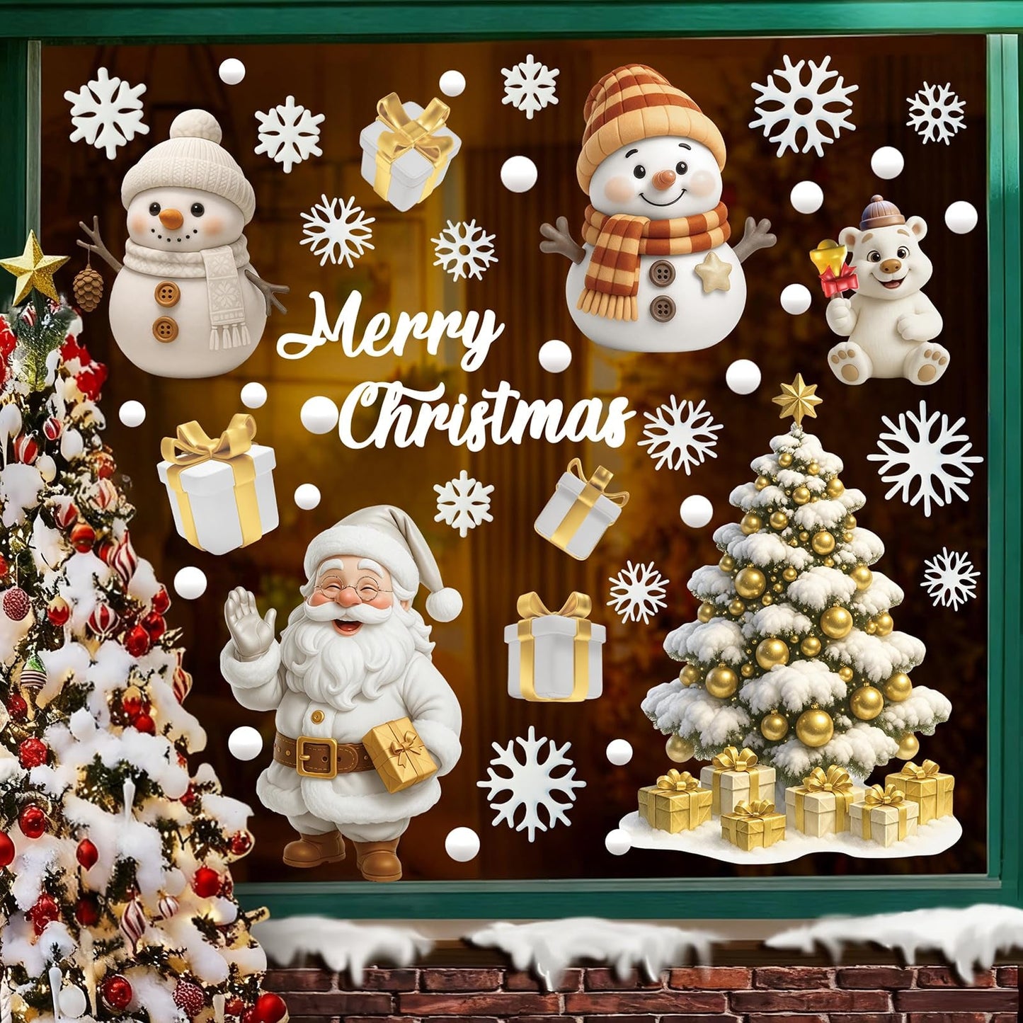 TOARTi White Christmas Window Clings Double-Side Christmas Tree Glass Decals 3D Xmas Tree Window Stickers White Snowman Snowflakes Decal Xmas Winter Wonderland Themed Party