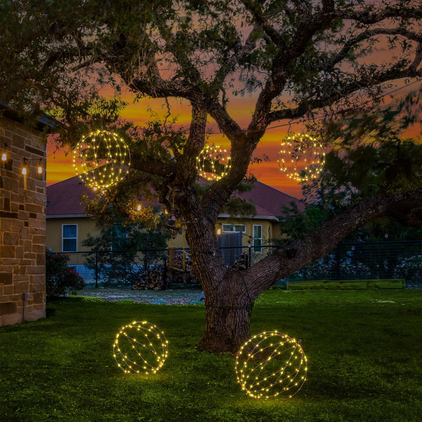 LIGHTSHARE 248LED 12IN+16IN+20IN Light Ball Yard Decoration Pathway Lights Brown Sphere Light Fold Flat Metal Frame Indoor Outdoor Waterproof Garden Lights, Plug in(Set of 3)