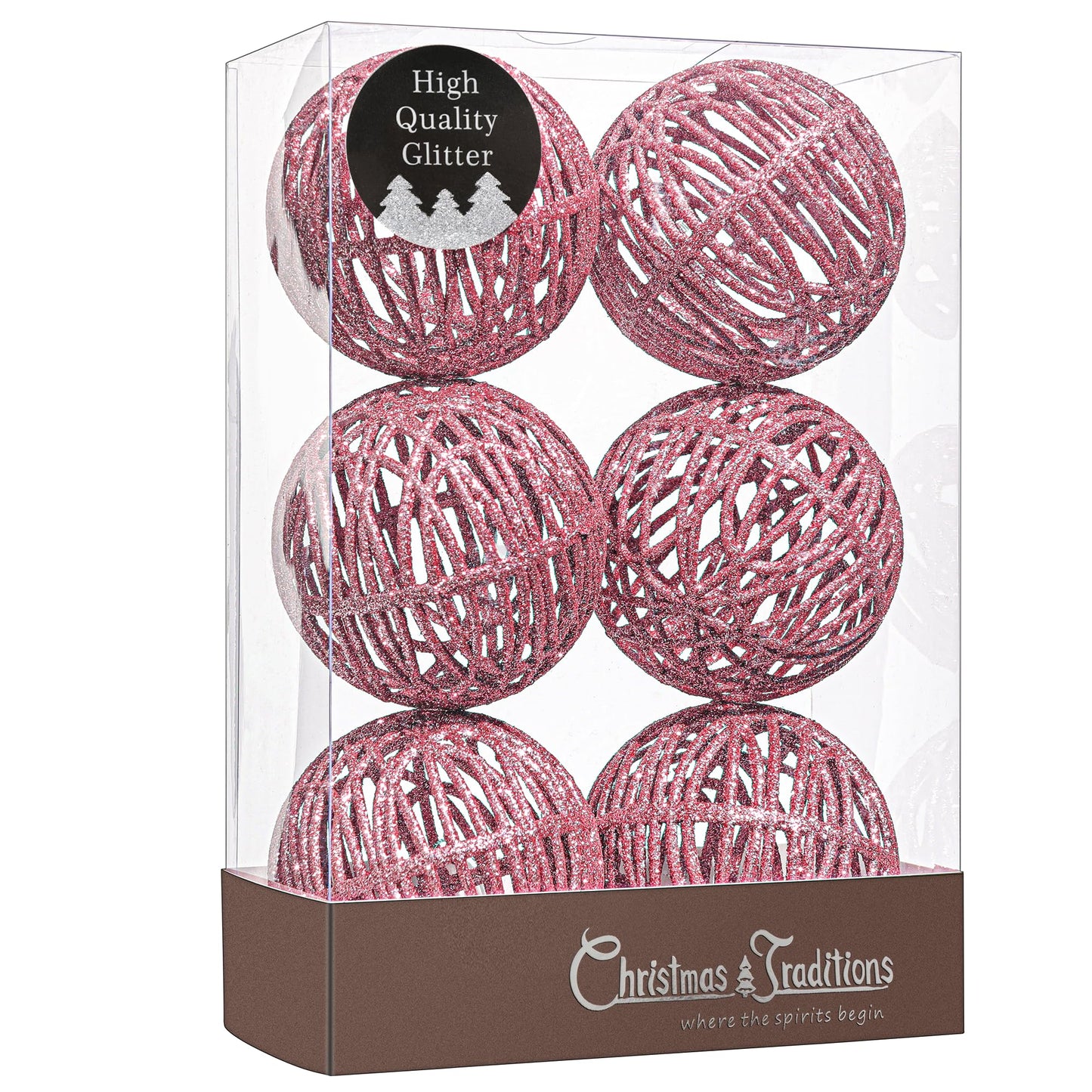 Christmas Traditions 4 inch Pink Glittered Rattan Ball Ornaments Hanging Tree Decorations (Set of 6) (Pink)