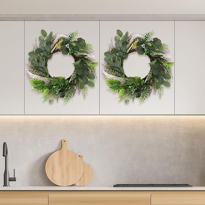 Sweet Anne Eucalyptus Wreath Set - Two 22-Inch Artificial Spring, Summer, or Fall Wreaths for Home Decor - Indoor Decor by Pure Garden