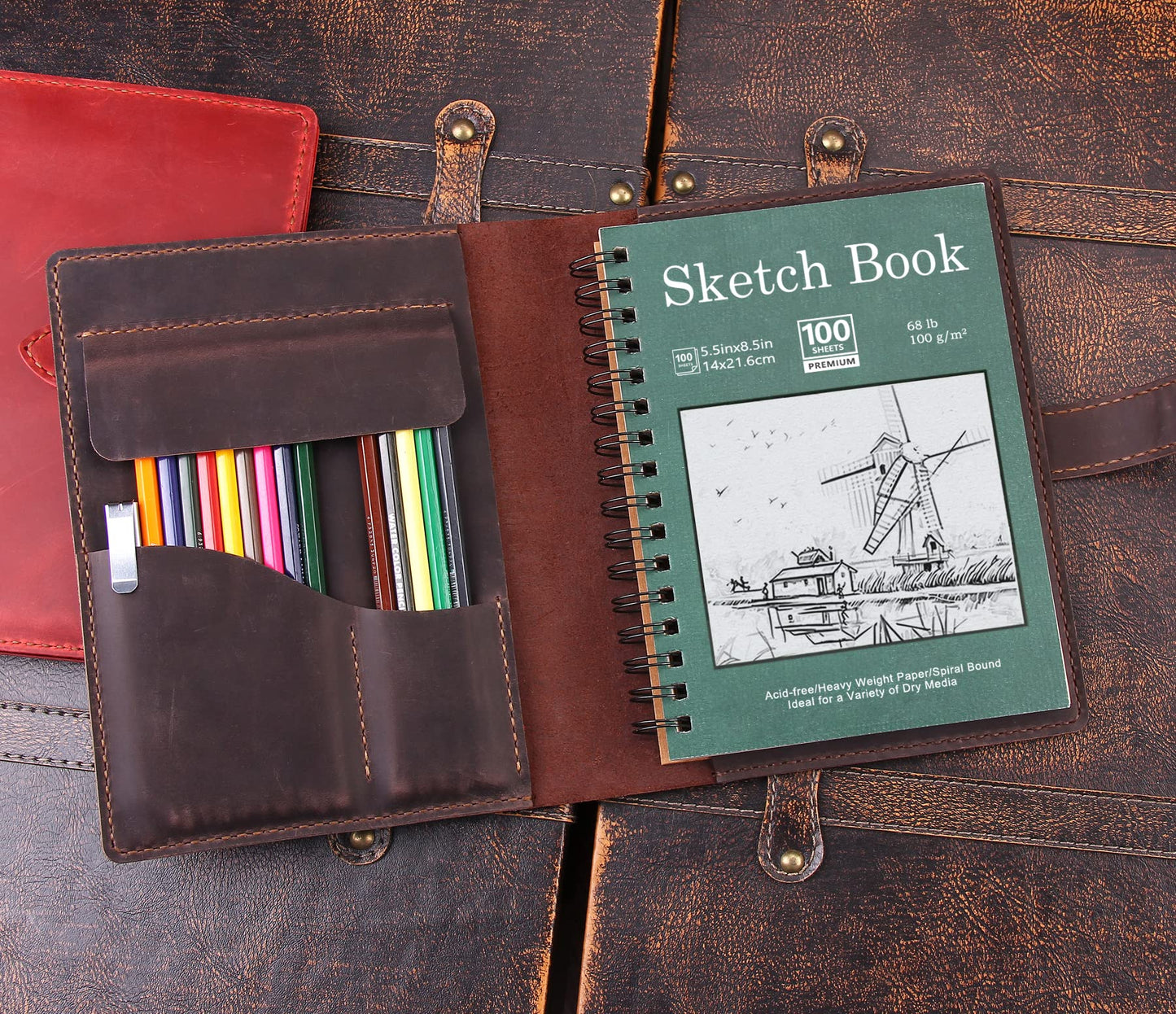 Robrasim Handmade Leather Sketchbook Cover, Leather Artist Sketch Pad Cover for 5.5" x 8.5" Sketchbook, Drawing Book and Pencil Case, Journal Notebook Portfolio, Artis Gifts-Coffee