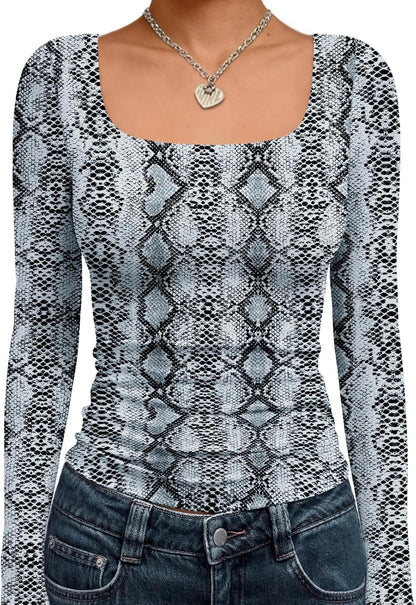 Trendy Queen Womens Long Sleeve Shirts Crop Tops Fall Fashion 2025 Square Neck Going Out Basics Tees Y2k Clothes