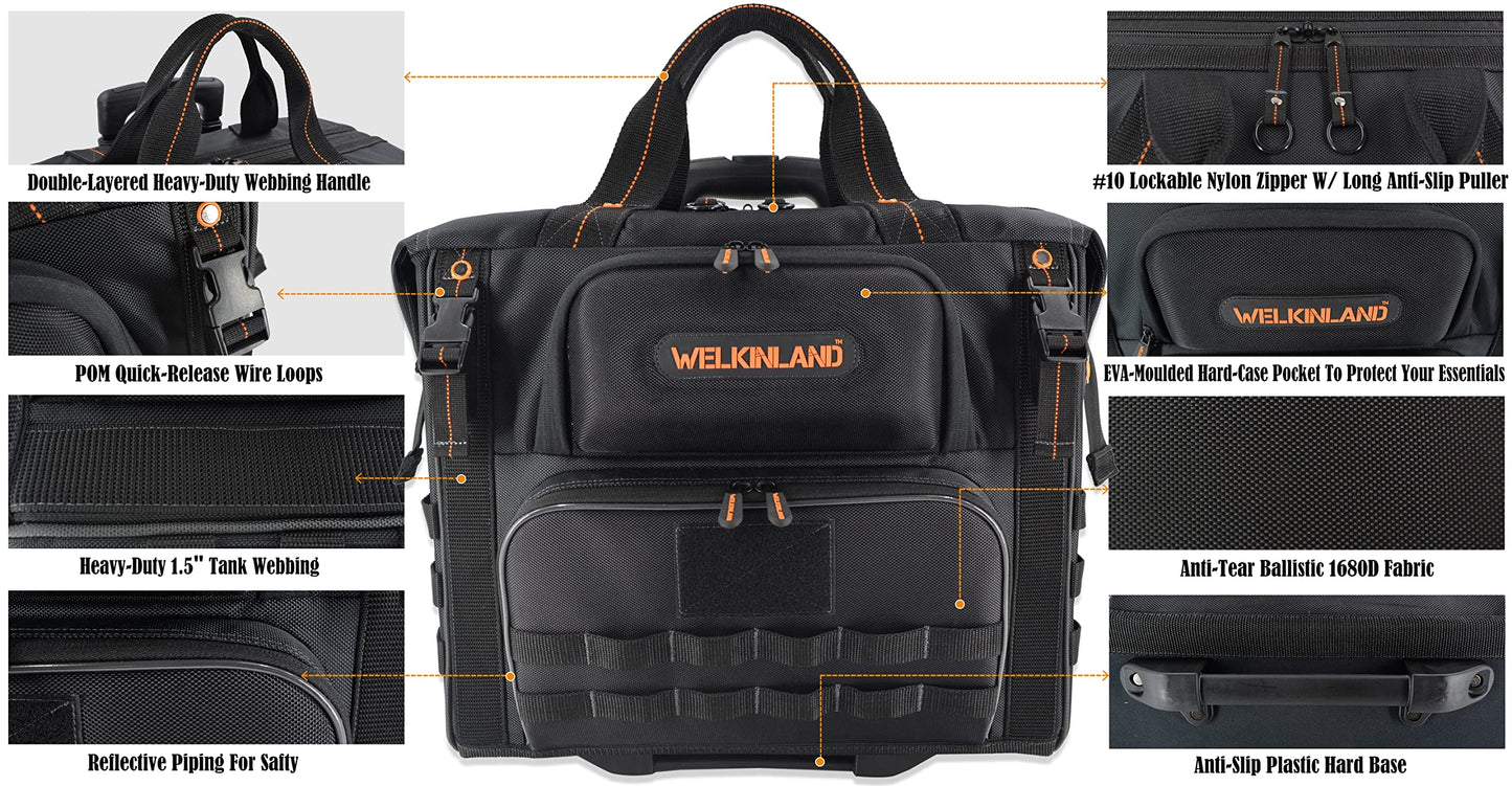WELKINLAND 46Pockets-26" Rolling tool bag, Tools bag with wheels, Rolling tote bag, Tool tote, HVAC tools bags, Electrician tool bag, Tool bag organizer, Tool bags for men
