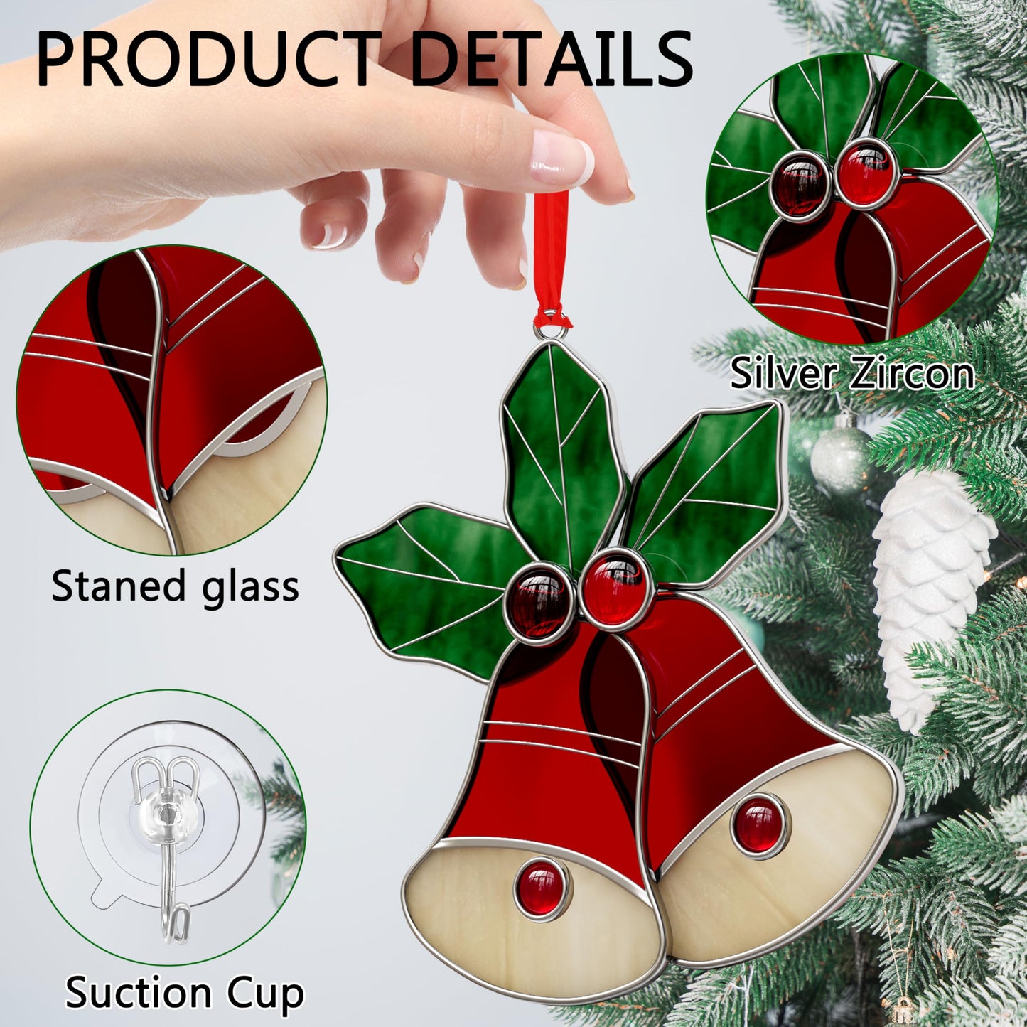 KUNDGLA New Stained Glass Sun Catcher for Windows Hangings Personalized Ornament Metal Decorative Gifts for Mom Grandma Friend Teacher Birthday Christmas Tree Holiday Hanging Decor Gift Box (Red Bell)