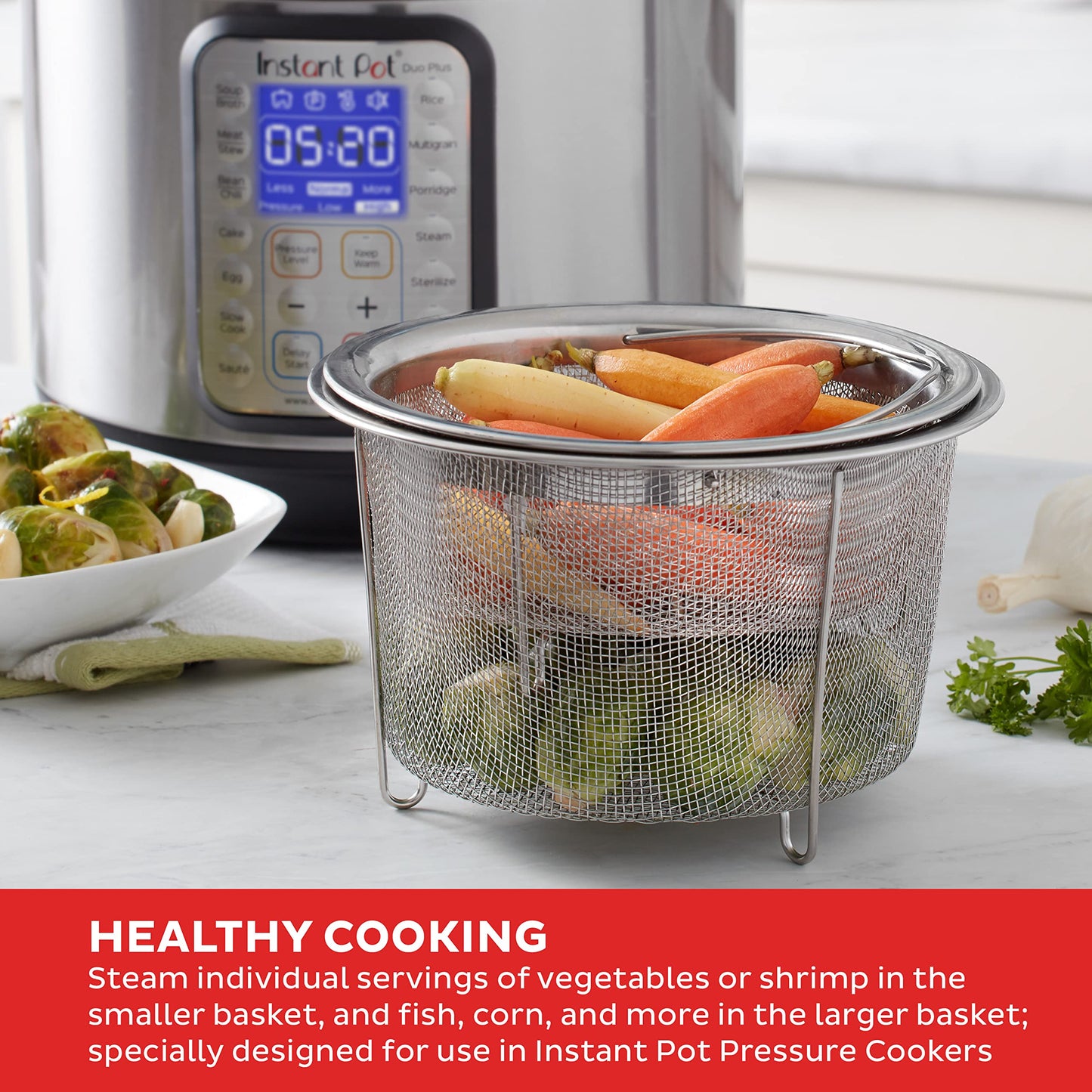 Instant Pot Official Mesh Steamer Basket Set, Stainless Steel, Dual-Purpose Steamer & Strainer, Easy-Lift Handle, Dishwasher Safe, Rust-Resistant, Essential Accessory for Healthy Cooking