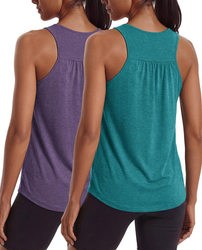 PINSPARK Womens Workout Tops Loose Fit Athletic Running Top Moisture Wicking Racer Back Tennis Tank Flowy Summer Exercise Shirts,Purple/Green Jade XL