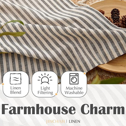 jinchan Striped Linen Kitchen Curtains 36 Inches Length Tier Curtains Farmhouse Modern Cafe Small Window Treatments Airy Light Filtering Rod Pocket for Living Room Bathroom 2 Panels Jet Black