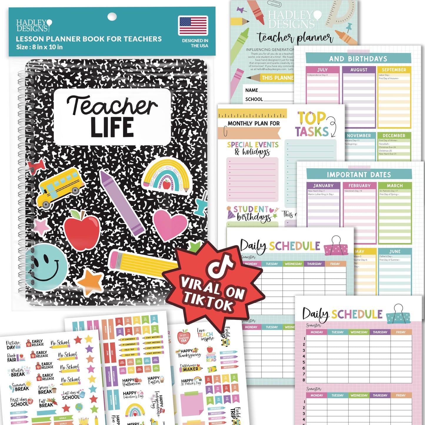Hadley Designs Teacher Planner 2025-2026 – Lesson Planner Book for Teachers Must Haves, Undated Teacher Planners, Lesson Plan Notebook, Homeschooling Planners, Teachers Appreciation Gifts