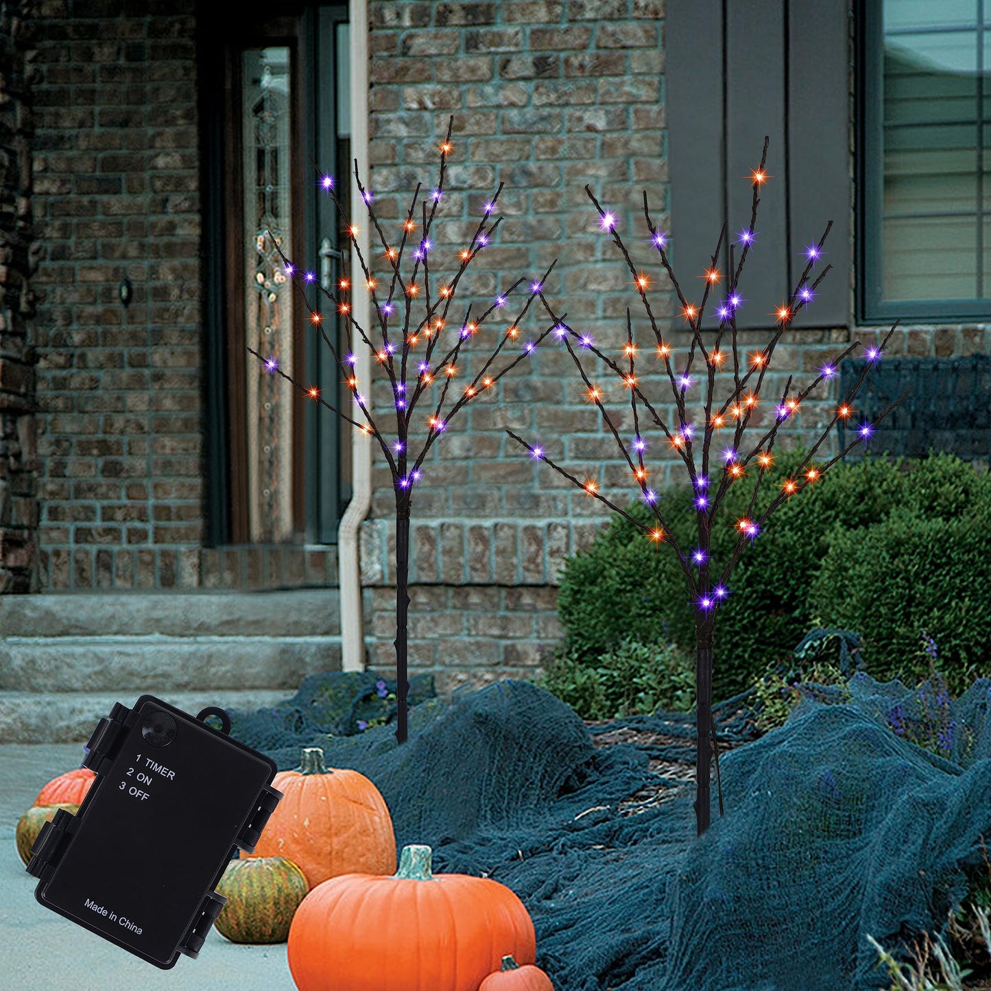 Lighted Halloween Tree Branches, 30IN 100LED Artificial Black Twig Branch with Purple&Orange Fairy Lights, Built-in Timer & Battery Operated, Waterproof for Outdoor Pathway Lawn Garden Decorations