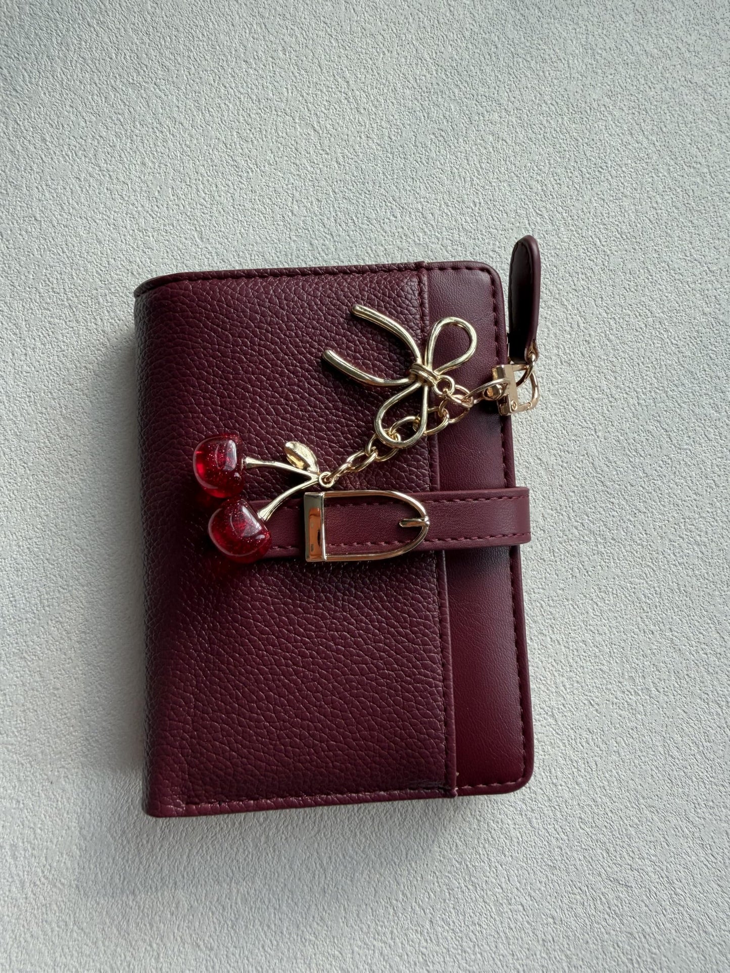 Ninmon Shares Small Wallet for Women Wine Red PU Leather Trifold Card Holder with Coin Pocket & Red Cherry Keychain (Red)