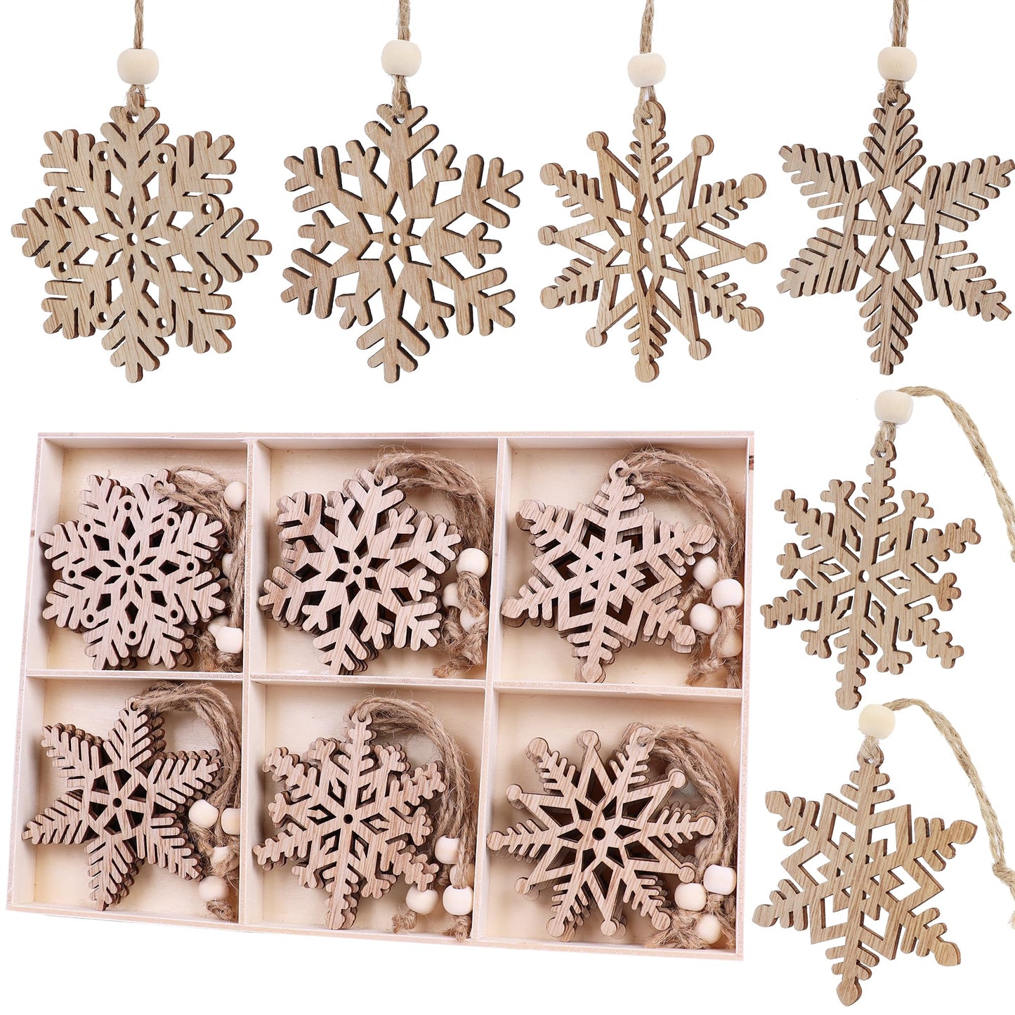 24 Pieces Wooden Snowflakes Ornaments 3inch Snowflake Christmas Ornament for Winter Christmas Tree Decoration Holiady Gift Crafts