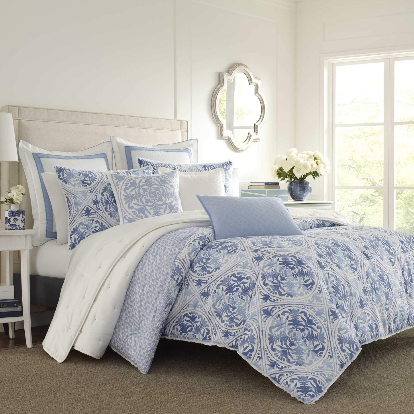 Laura Ashley - Euro Sham, Soft Faux Linen Ramie Cotton Decorative Pillow Cover with Border Detail, 26x26, Room Decor (Mila Blue)