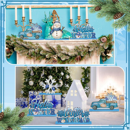 Realspring 6 Pcs Winter Table Decorations Winter Wooden Wonderland Snowflake Snowman Table Centerpieces Blue Christmas Tabletop Signs Rustic Farmhouse Desk Topper for Party Office Decor Supplies