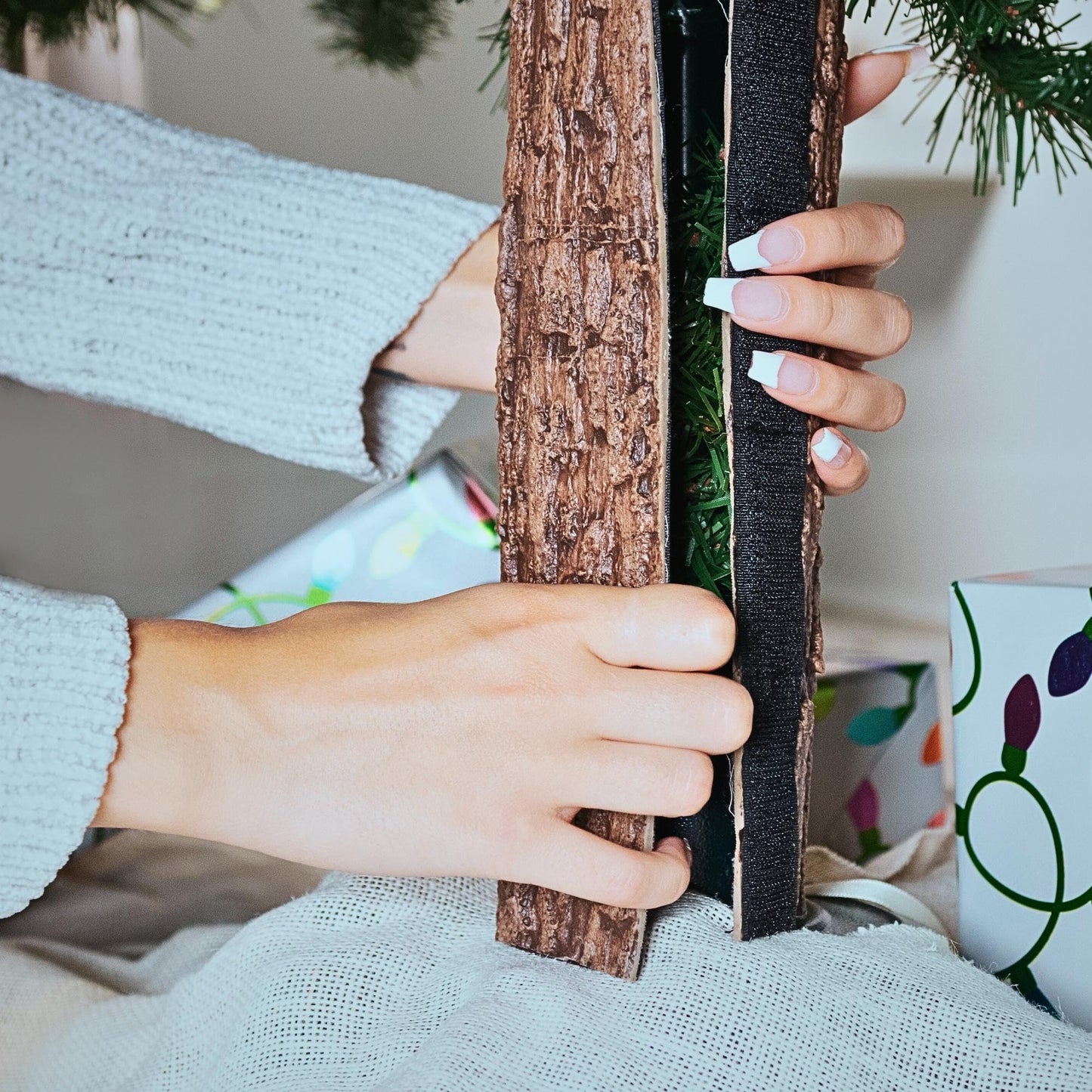 Realistic Faux Brown Bark Xmas Tree Skirt Hides Fake Pole, By Christmas Tree Hugger