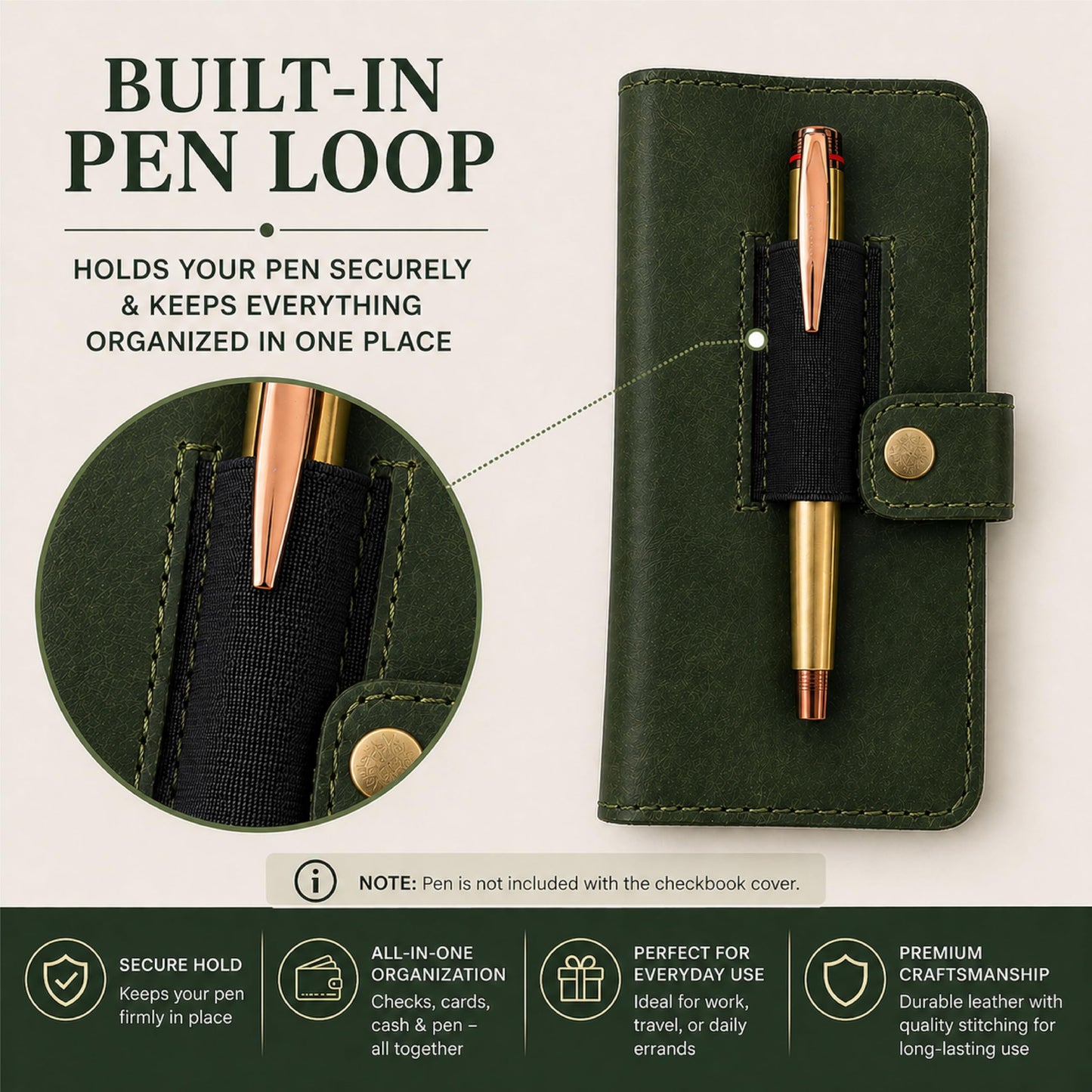 TheAntiq Genuine Leather Checkbook Cover Green - Handmade Check Holder with Divider & ID Window, Slim Organizer Wallet for Business, Travel & Everyday Use, 3.5 x 7 in