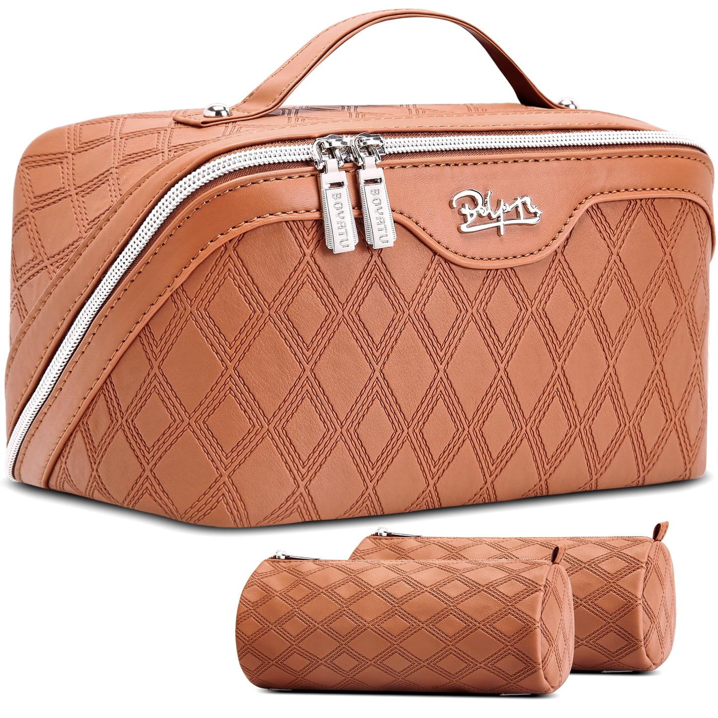 BOYATU Travel Makeup Bag for Women: Large Capacity 3-Piece Quilted Cosmetic & Toiletry Organizer - 2 Detachable Pouches Expand Storage by 50%, Open Flat for Easy Packing, Waterproof PU Leather(Brown)