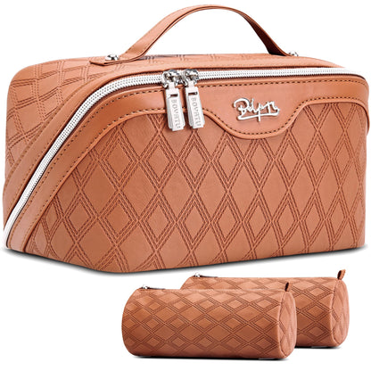BOYATU Travel Makeup Bag for Women: Large Capacity 3-Piece Quilted Cosmetic & Toiletry Organizer - 2 Detachable Pouches Expand Storage by 50%, Open Flat for Easy Packing, Waterproof PU Leather(Brown)