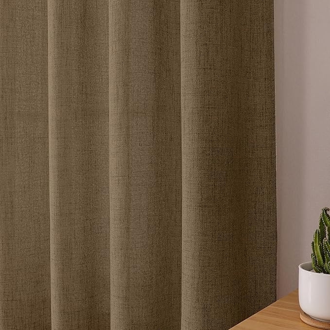 Tollpiz Short Linen Curtains Bedroom Rod Pocket Semi Sheer Curtain Burlap Light Filtering Thick Linen Drapes for Living Room, 38 x 45 inches Long, Brown, Set of 2 Panels