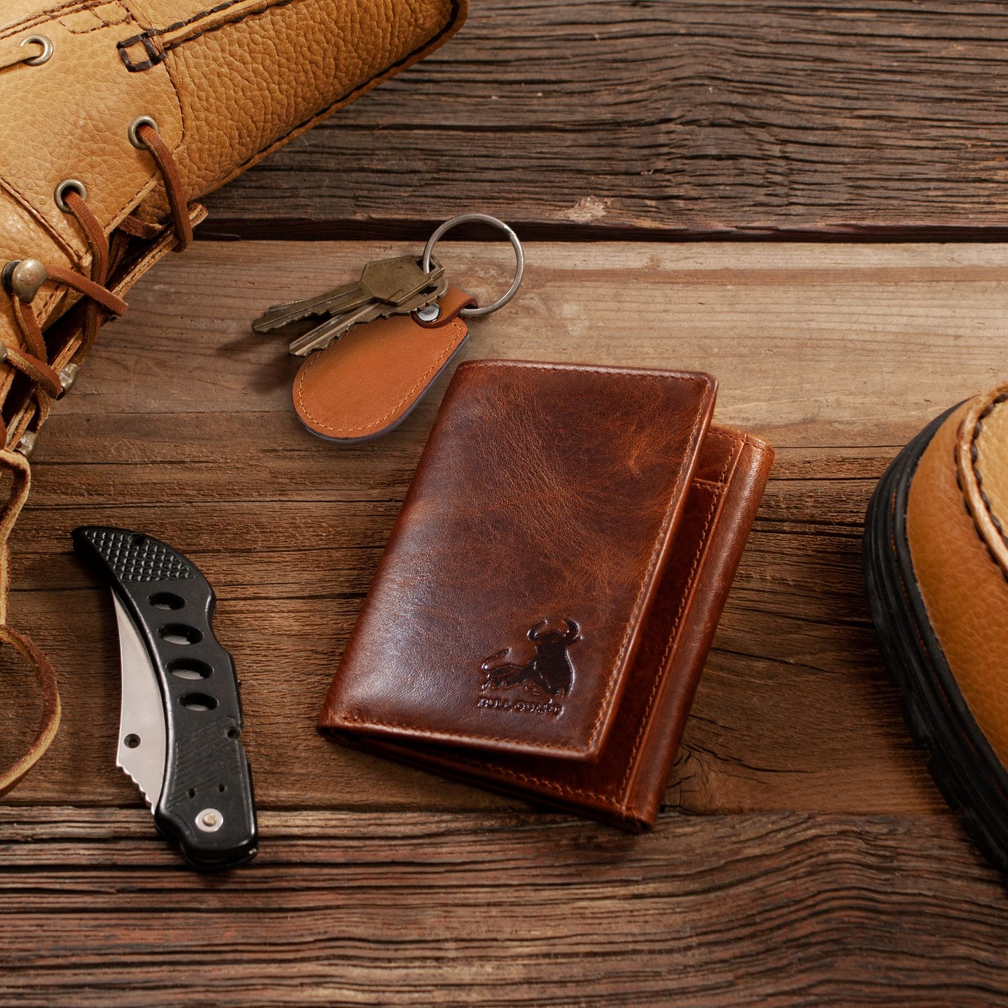 BULL GUARD Best Leather Men's RFID Trifold Wallet With ID Great Outdoor Wallet Durable Top Grain Leather Forest Brown, Double Cash Comparment with Secret Pocket, Compact & Secure Design, In Gift Box