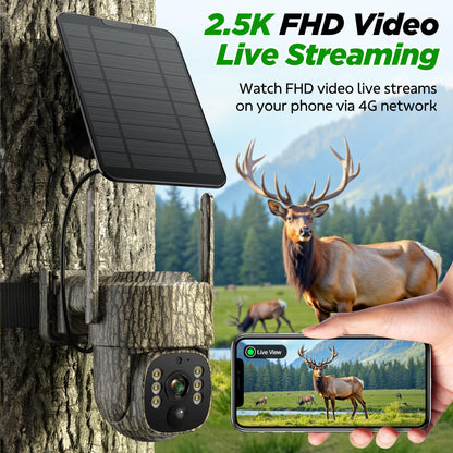 Trail Camera, 4G LTE Cellular Game Cameras with 360° Live Streaming, 2.5K Wildlife Hunting Camera Solar Powered, Security Camera Built-in SIM Card, Night Vision, Motion Activated, Waterproof, 2 Pack