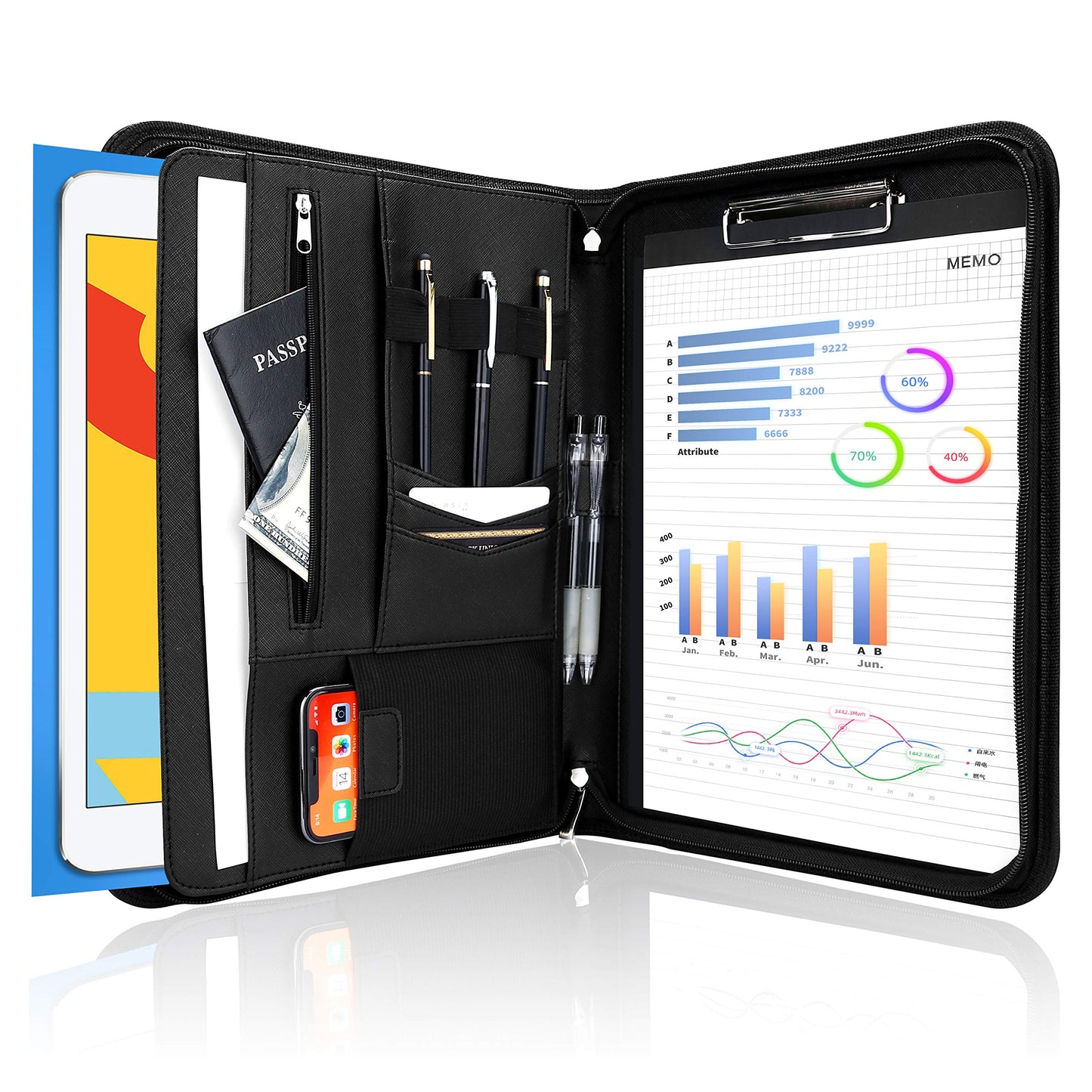 ProCase Portfolio Business Padfolio Folder with Zipper, Conference Meeting Executive File Legal Document Organizer with Pockets Letter Size A4 Writing Pad Notepad Padfolio -Black