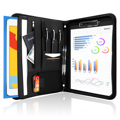 ProCase Portfolio Business Padfolio Folder with Zipper, Conference Meeting Executive File Legal Document Organizer with Pockets Letter Size A4 Writing Pad Notepad Padfolio -Black