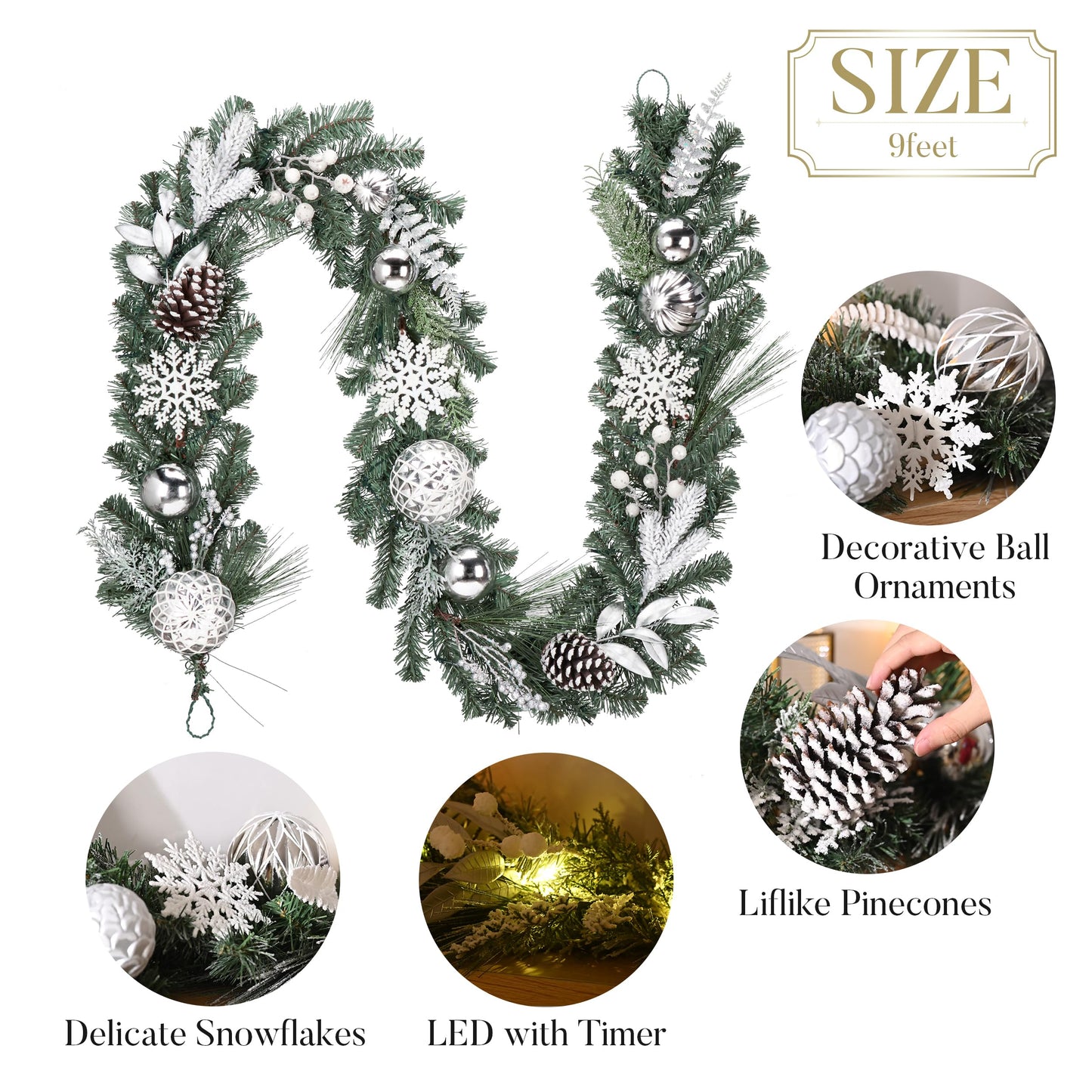 Valery Madelyn 9 Feet Pre-Lit Christmas Garland with Lights for Mantle, Lighted Outdoor Xmas Garland with Silvery White Ball Pinecones for Home Stairs Fireplace Table Centerpiece Indoor Holiday Decor