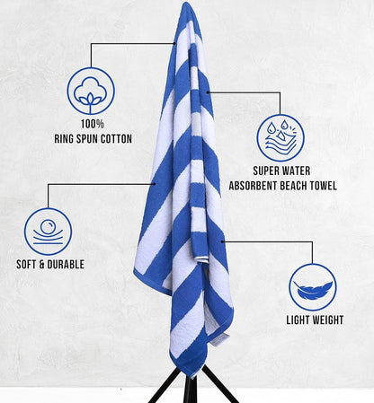 Oversized Cabana Beach Towels - Pack of 4 Cotton 30x60 Inches | Modern Striped Design in Blue
