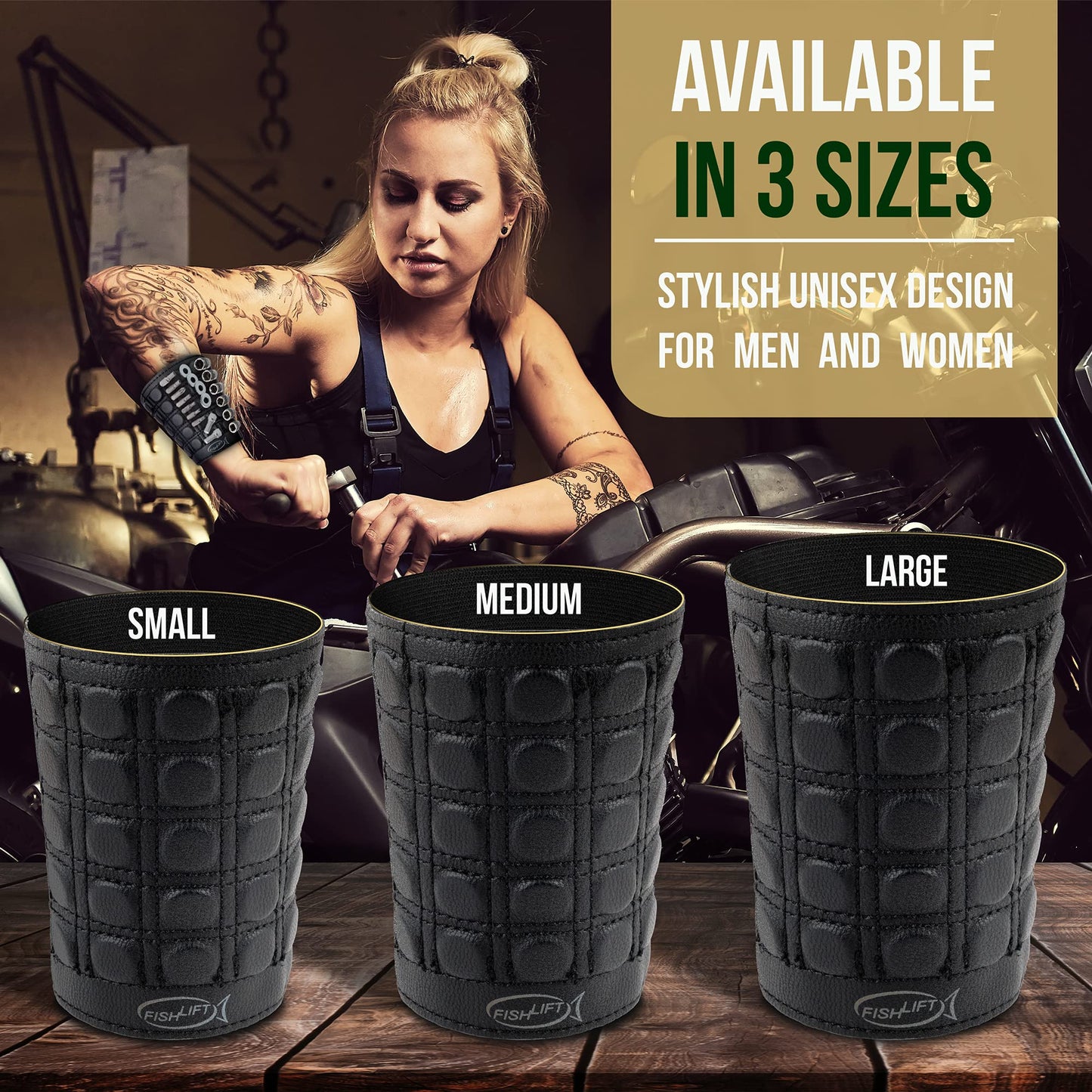 The Fishlift Magnetic Armband- Toolbelt for Your Arm with 25 Powerful Magnets, Stretchable Fabric and Real Leather - Hold Screws, Bits, and Nails.