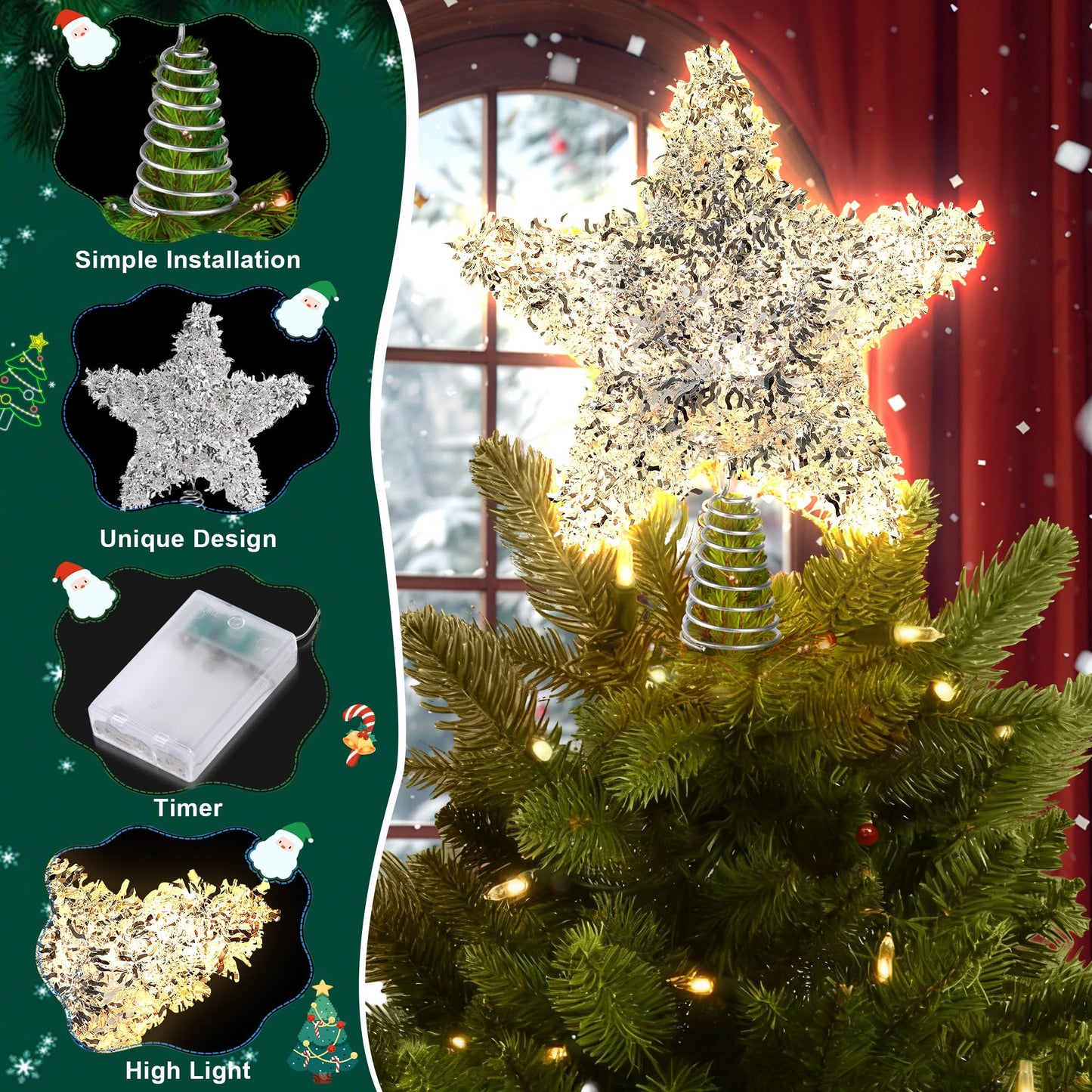 LAWOHO Christmas Tree Topper Star, Exquisite Christmas Decor, 10 Inch Shiny Silver Christmas Tree Decoration with 6H Timer, 20 Warm LED Lights for Xmas Tree, Holiday & Party, Indoor Decor