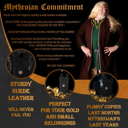 Mythrojan Medieval Renaissance Suede Jewelry Belt Pouch LARP Costume Waist Bag for Historical Reenactment, Cosplay, Stage Props - Black