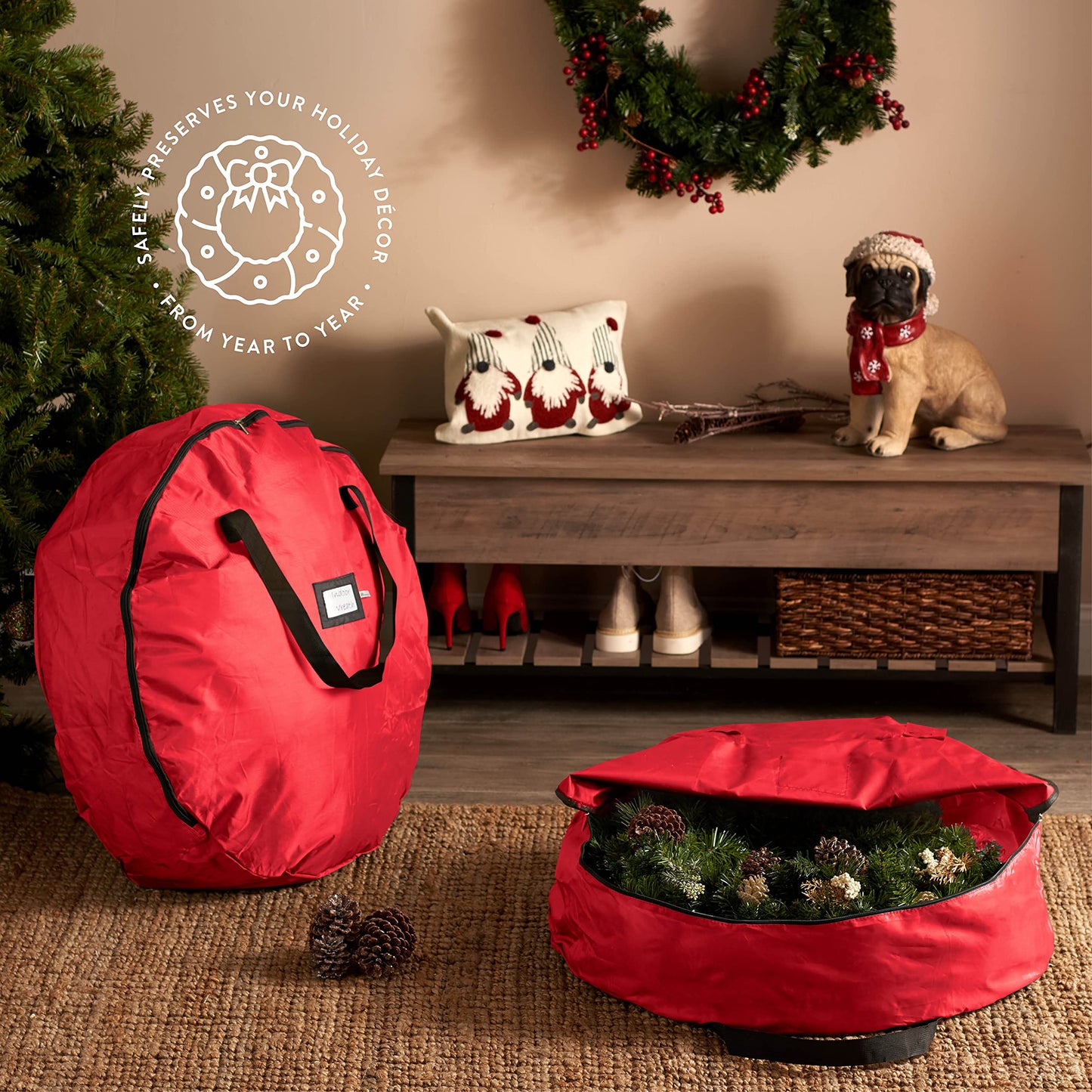 ZOBER 2 Pack Oxford Christmas Wreath Storage Container 36 Inch - Wreath Bag for Artificial Wreaths Box - Waterproof Fabric, Dual Zippered Wreaths Storage Bag With Strong Durable Handles - Red