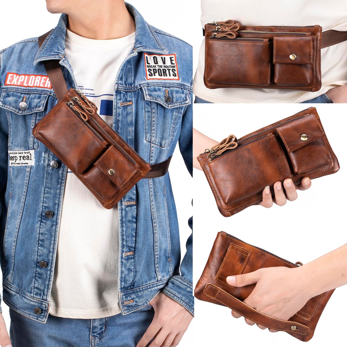 Myunxui Genuine Leather Fanny Pack Waist Bag for Men Women Clutch Bag Hip Bum Travel Pouch Sling Crossbody Chest Bags Shoulder Daypack Multiple Pockets Waist Pack Brown