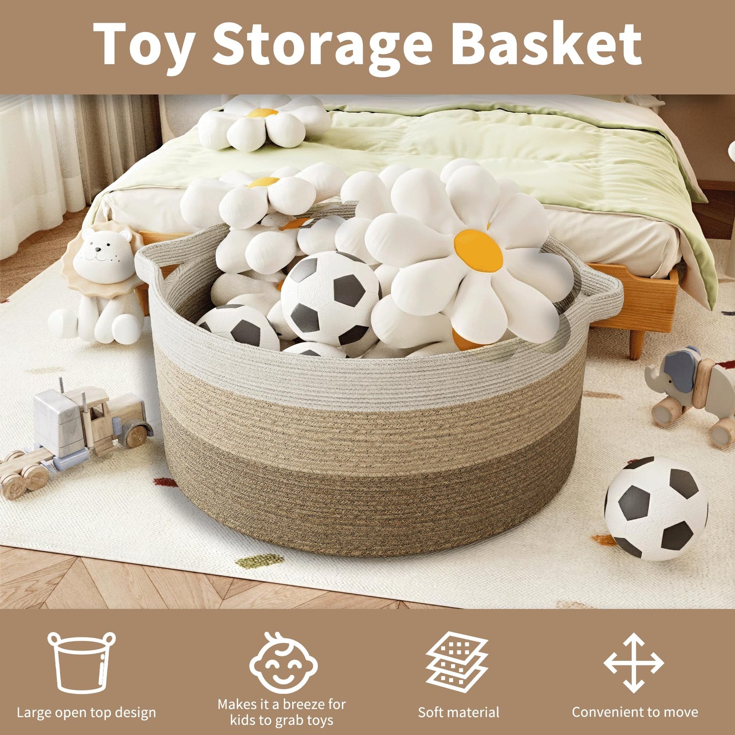 GOPAS 125L Extra Large Blanket Basket, 25" x 16", Jumbo Laundry Woven Cotton Rope Basket with Handles, Baby Toy Storage, Gradual Brown