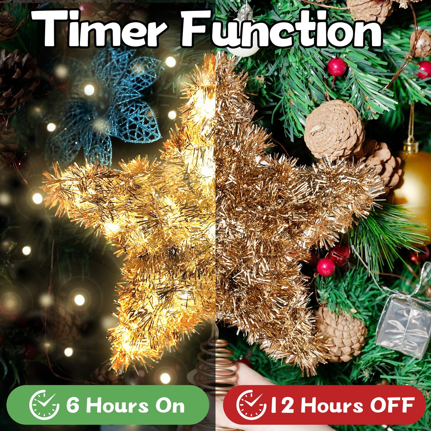 Joytry Christmas Tree Topper Star Shiny Gold Tinsel Star Tree Topper 10 Inch Lighted Tree Topper Battery Operated Christmas Tree Decoration for Holiday Indoor Decoration Warm White Light