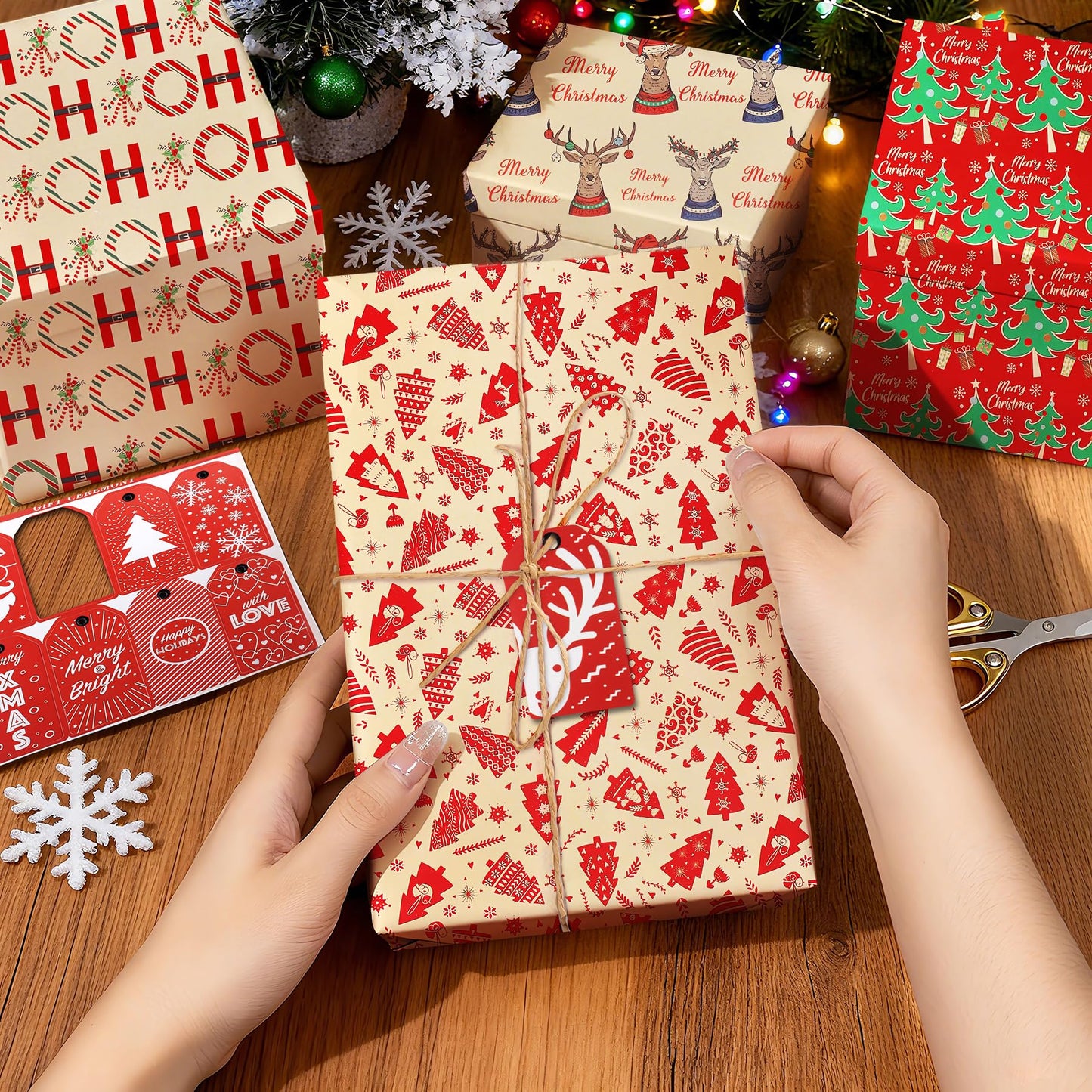 ENFANTRY Christmas Wrapping Paper, 4 Sheets Gift Wrapping Paper Bundle, Christmas Tree Reindeer Head Xmas Gift Paper, Thick Kraft Brown Paper for Chrimas, Birthday, New Year, Valentines, Wedding, Holiday Deco, DIY