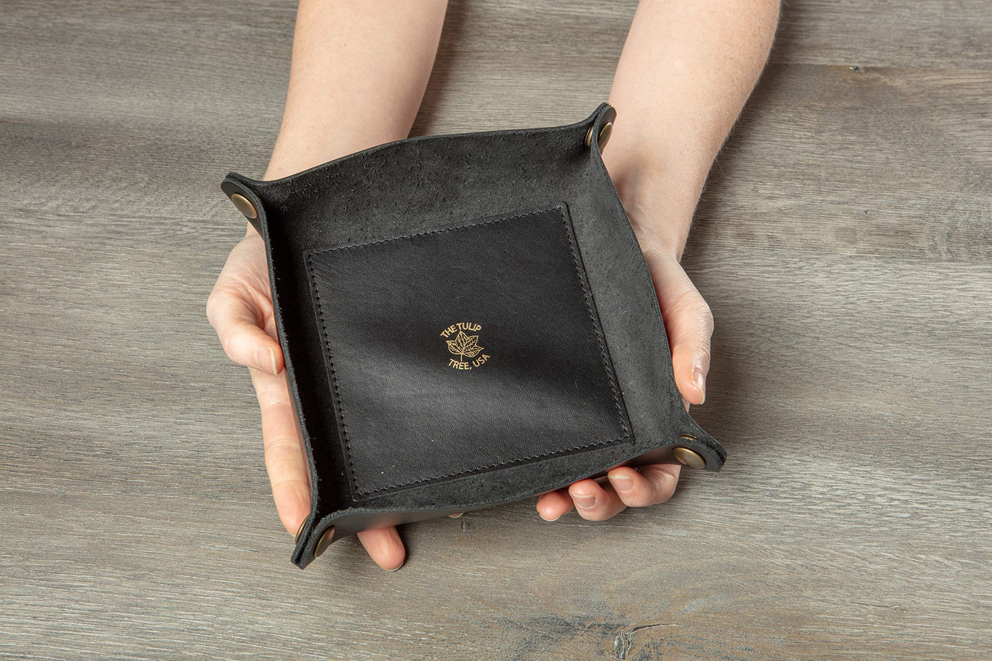 USA Handmade Premium Leather Valet Tray, Folds Flat! Dice Rolling Basket and Organizer with Brass Snaps - for Keys, Jewelry, Coin, EDC, Watch Storage Caddy - Black Medium