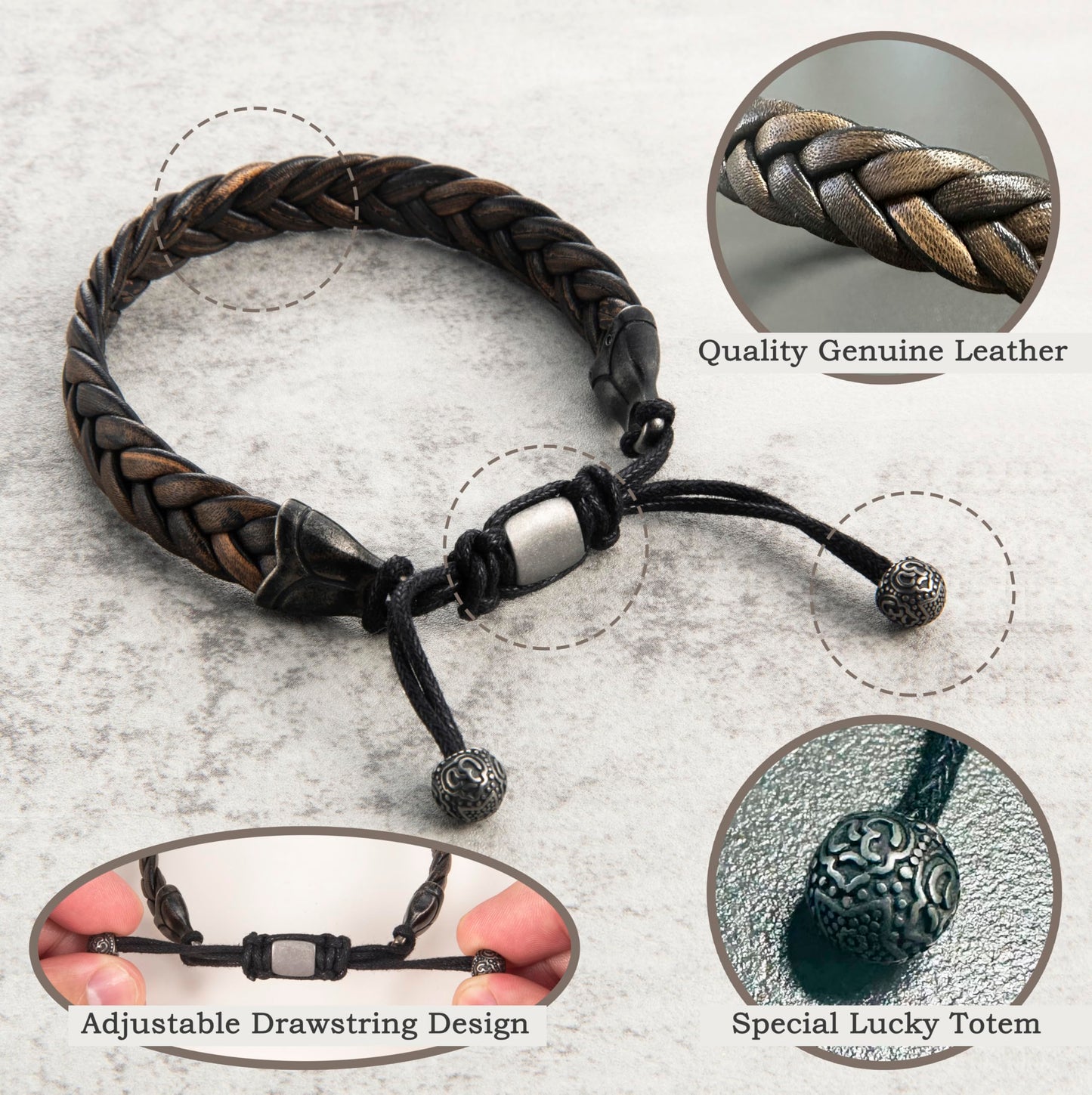 Hius Leather Bracelet for Men, Brown Adjustable Braided Leather Bracelet Wristband, Men's Leather Jewelry