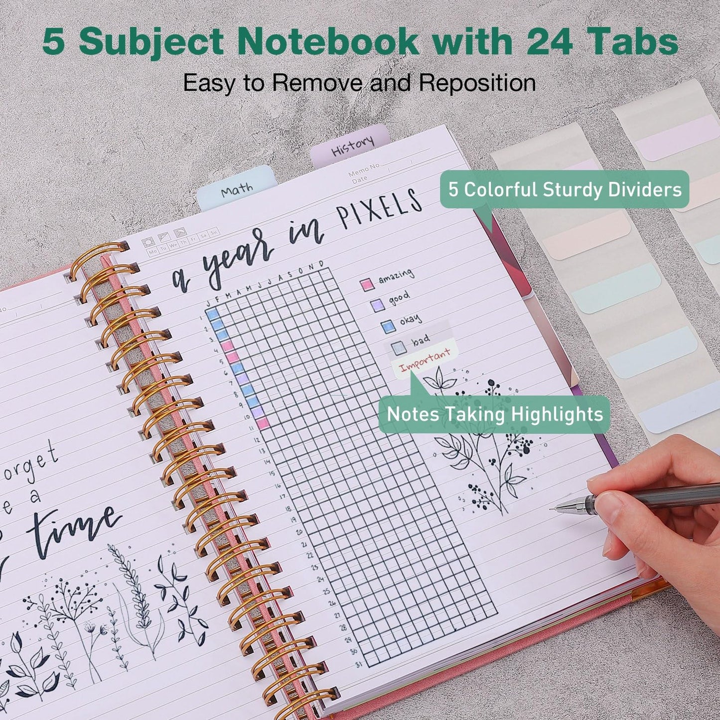College Ruled Notebook, Spiral Notebook, Leather Hardcover Notebook Journal for Women Men, 5 Subject Notebook with Dividers, Journaling Notebooks for Work School, B5 Lined Notebook, 8" x 10", Pink
