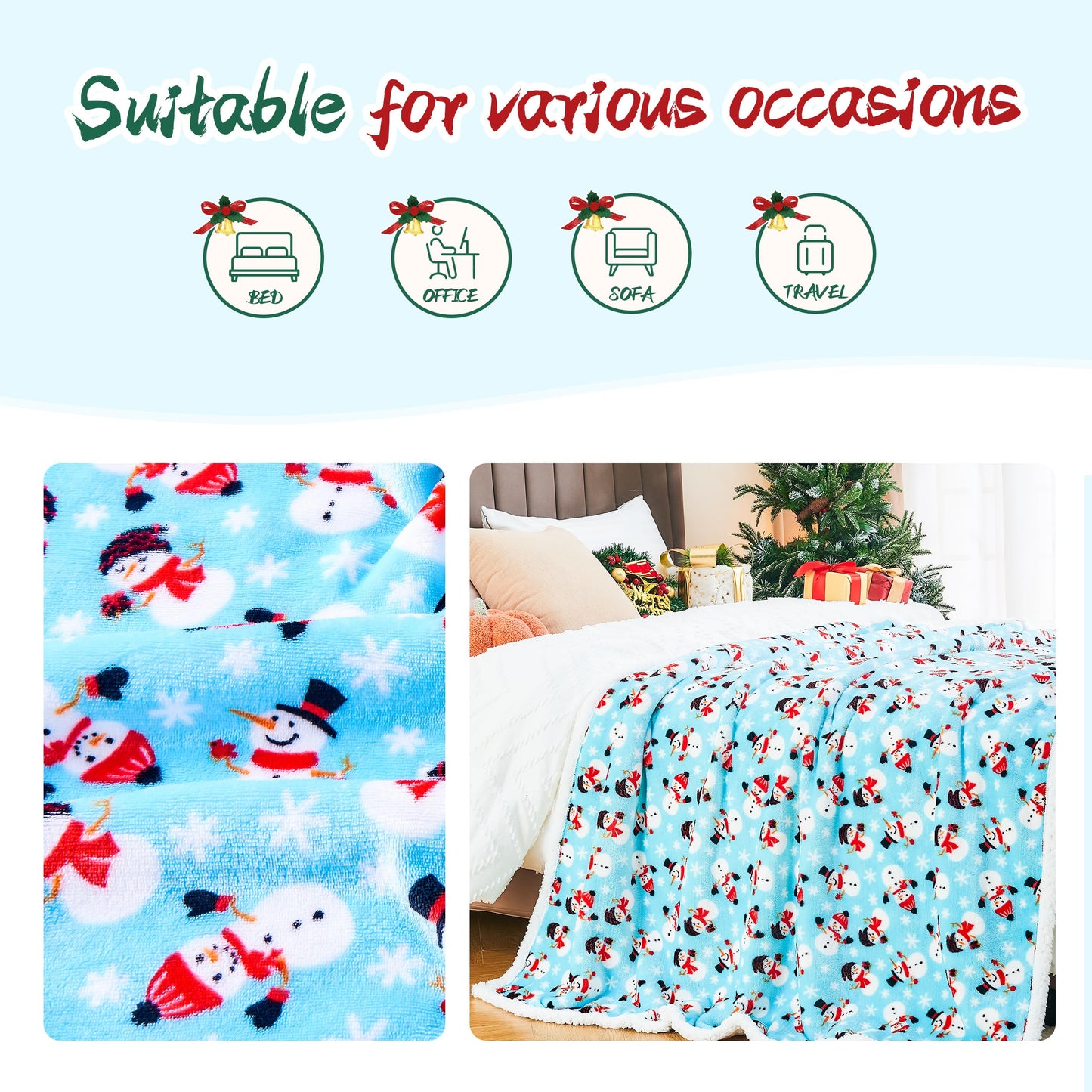 Ramees Christmas Throw Blanket, Christmas Decorations Blankets and Throws, Fuzzy Cozy Soft Warm Fleece Sherpa Winter Holiday Blanket for Bed Couch Sofa Reindeer Snowflakes