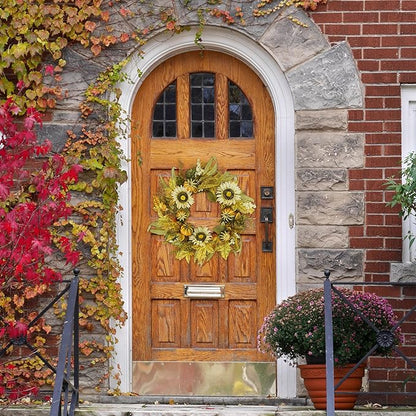 YNYLCHMX 18" Fall Wreaths for Front Door, Artificial Autumn Wreath with Sunflower Pumpkin and Berries for Home Porch Window Wall Farmhouse Decor, Indoor Outdoor, Holiday Decor