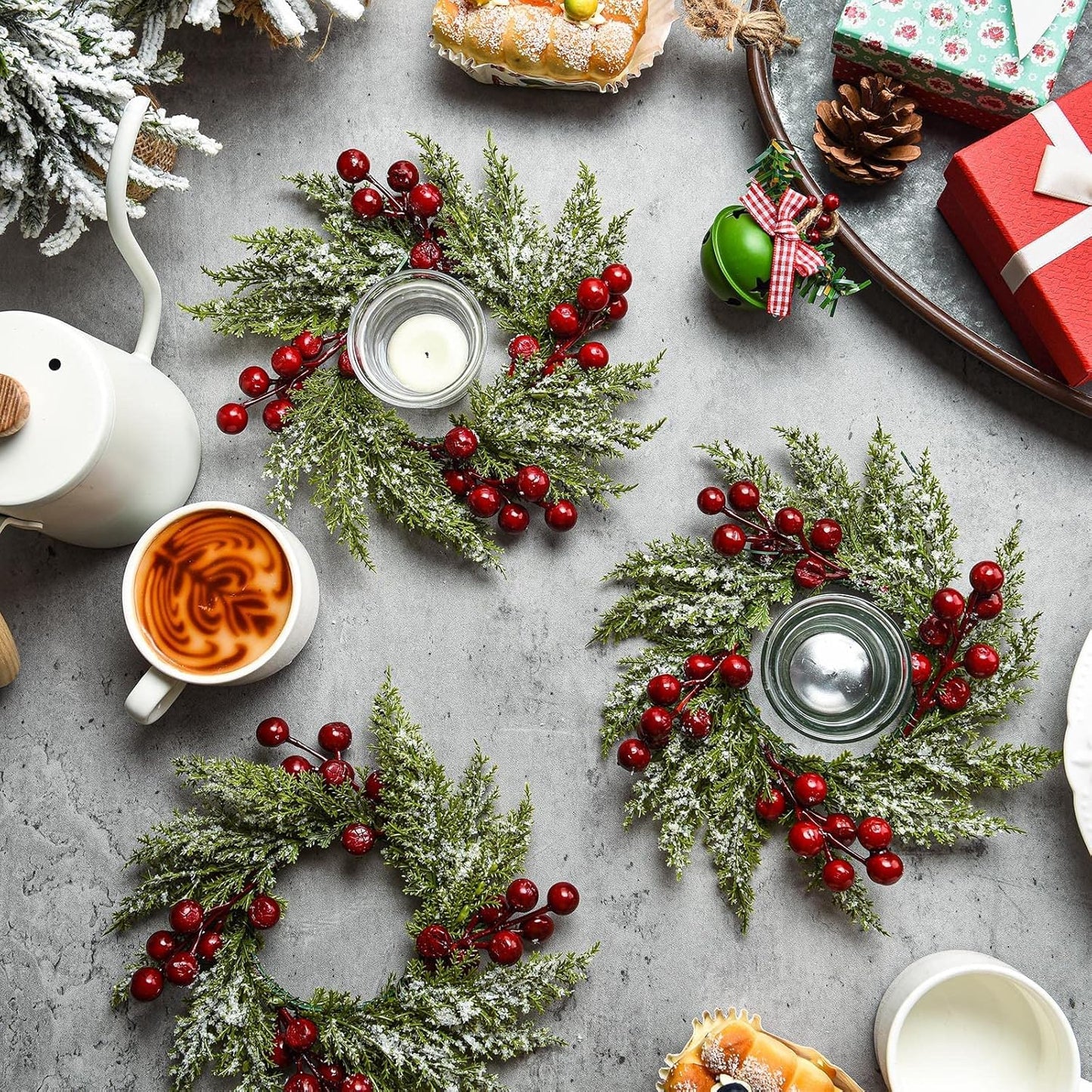 12 Pieces 8" Mini Christmas Wreaths - Small for Kitchen Cabinet/Window/Front Door, Artificial Red Berries & Pinecones, Christmas Candle Rings, Table/Farmhouse Decoration (No Ribbon)
