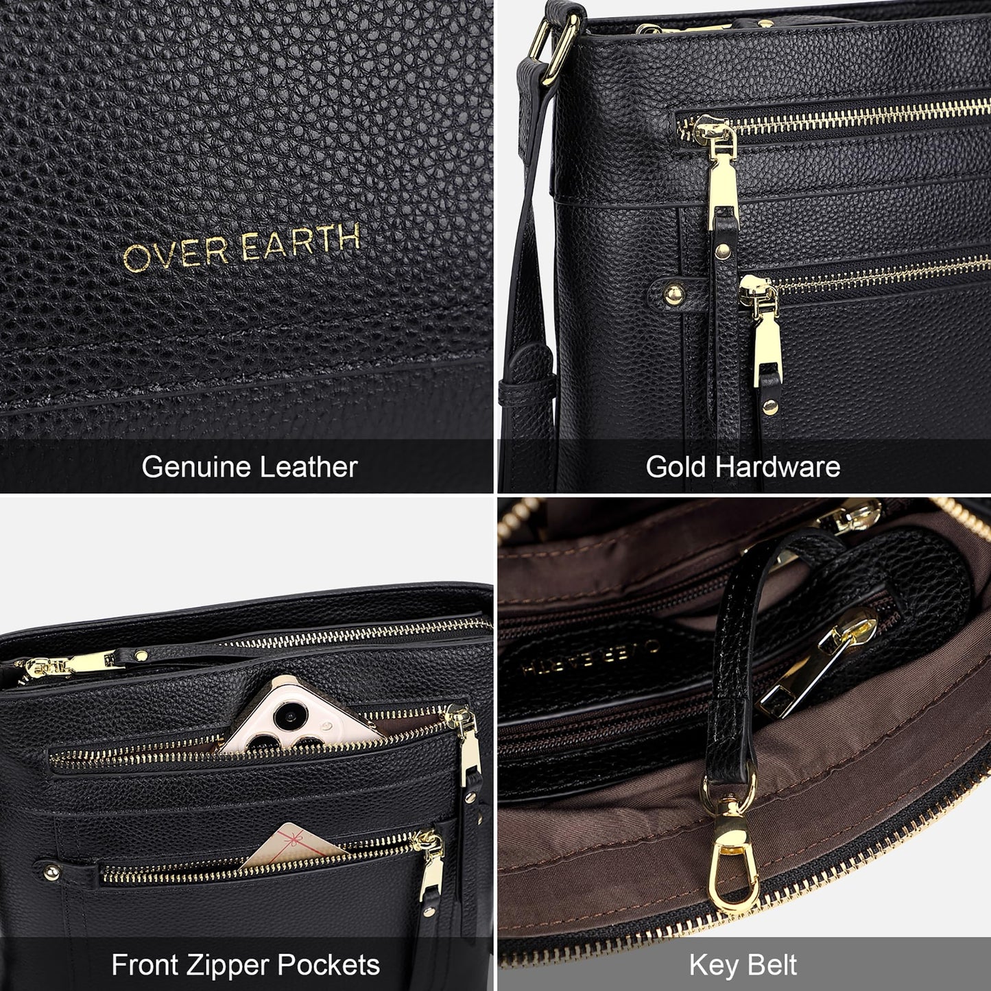 Over Earth Leather Crossbody Bags for Women Medium Shoulder Purse Multi Pocket Shoulder Handbag with Adjustable Strap(O199E Black RP)