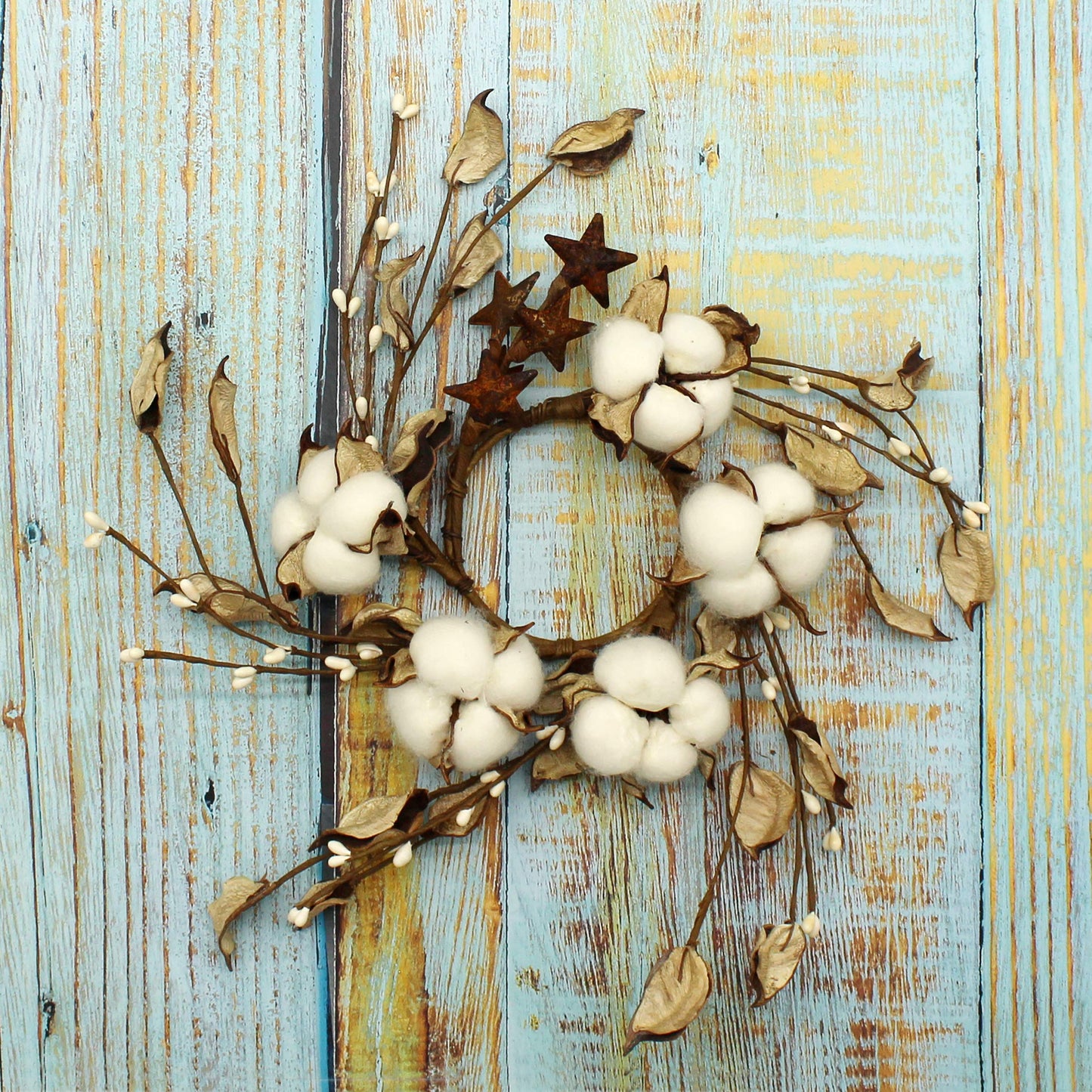 CVHOMEDECO. Primitives Rustic Pod Pip Berries and Autumn Leaves with Rusty Barn Stars Wreath, 9-Inch